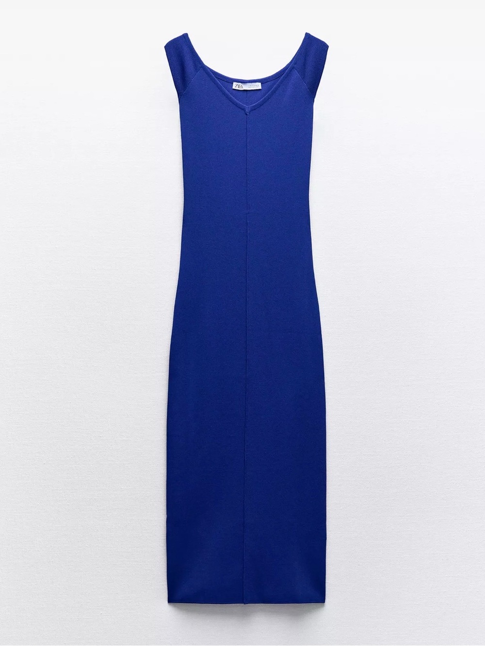 ZARA Cobalt Blue V-Neck Knit Fitted Midi Dress